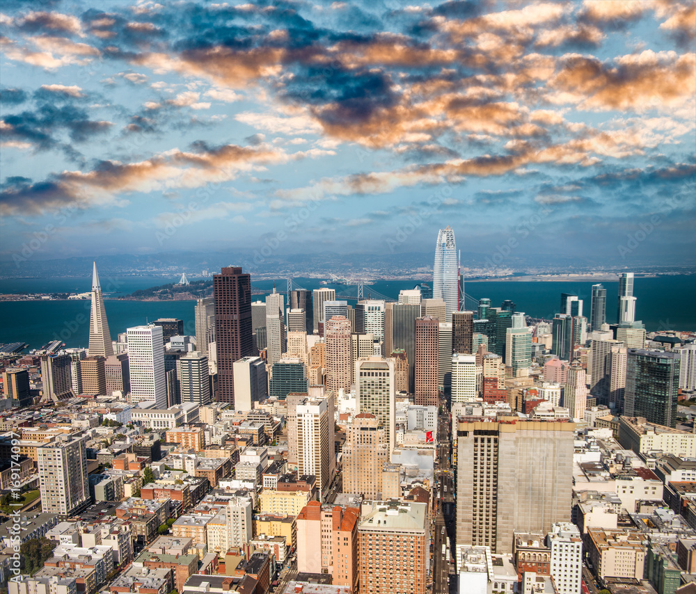 Aerial view of Downtown San Francisco skyline from helicopter, CA