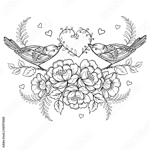 Birds with heart and roses for the anti stress coloring page