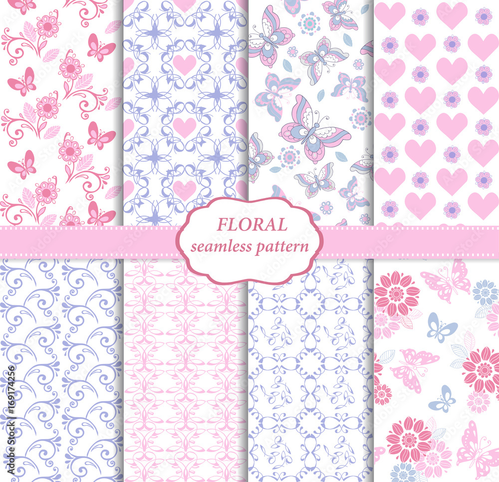 Collection of seamless pattern in blue and pink colors. Endless texture with butterflies, hearts and flowers Collection of seamless pattern in blue and pink colors. Endless texture with butterflies, hearts and flowers