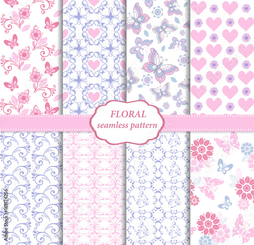 Collection of seamless pattern in blue and pink colors. Endless texture with butterflies, hearts and flowers