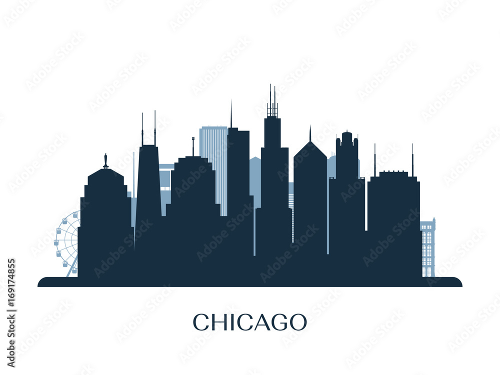 Chicago skyline, monochrome silhouette. Vector illustration.