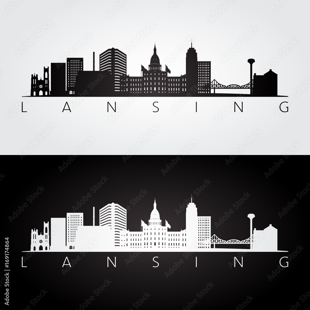 Lansing USA skyline and landmarks silhouette, black and white design, vector illustration.