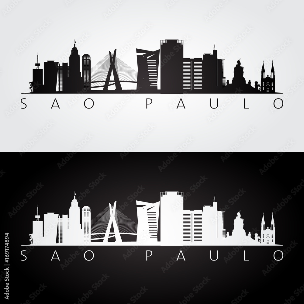 Sao Paulo skyline and landmarks silhouette, black and white design, vector illustration.