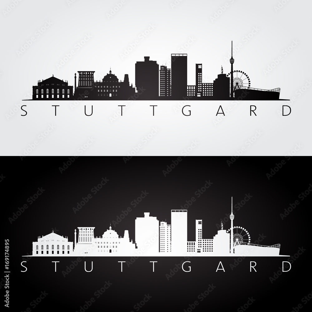 Stuttgart skyline and landmarks silhouette, black and white design, vector illustration.
