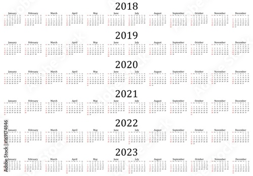 Six year calendar - 2018, 2019, 2020, 2021, 2022 and 2023 in white background.