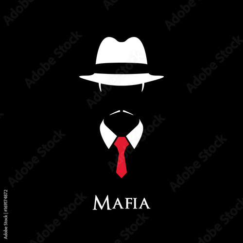 White Silhouette of an Italian Mafia with a red tie on a black background.