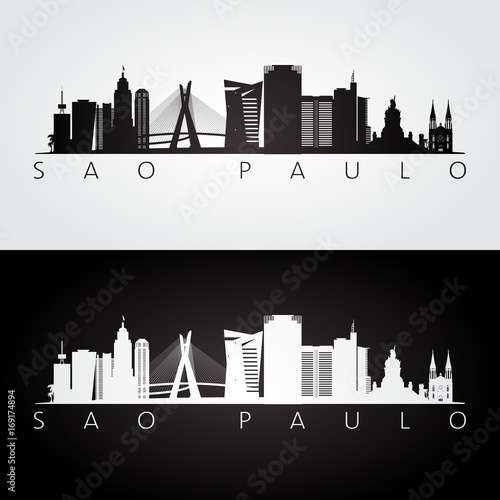 Sao Paulo skyline and landmarks silhouette, black and white design, vector illustration.