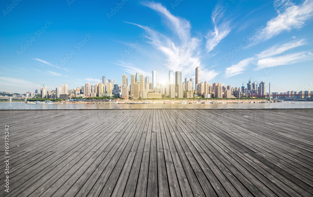 Chongqing city skyline, with wooden floors and guardrails.