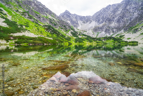 Reflection in water at lake in High Tatras mountains, Slovakia photo