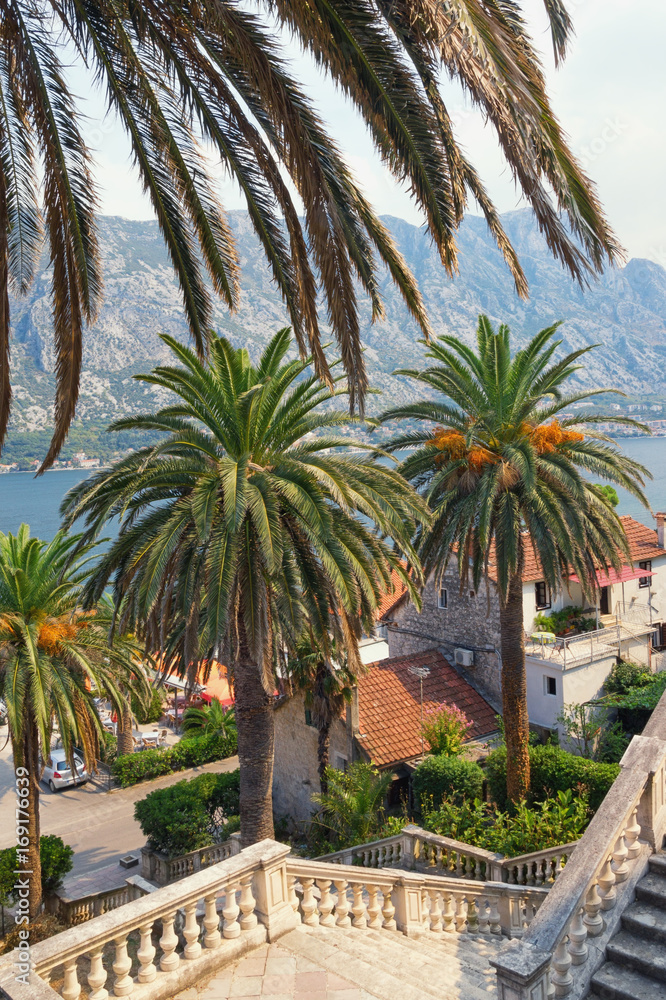 View of seaside Prcanj town from the stairs of the Church of Birth of Our Lady. Kotor Bay of Adriatic sea,  Montenegro