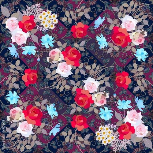 Bright floral pattern with bouquets of roses, daisy and cosmos flowers on ornamental background. Bandanna, rug, greeting card, pillowcase. photo