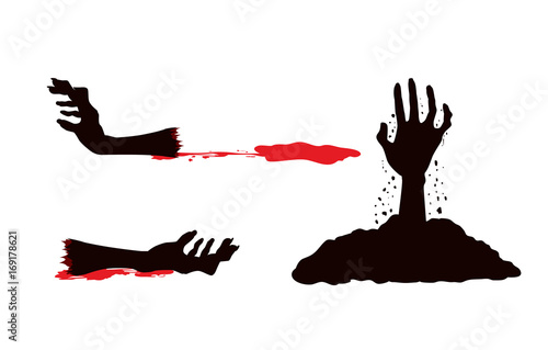 Zombie hand with blood bleeding and out of grave. Illustration in 3 action in set isolated on white.