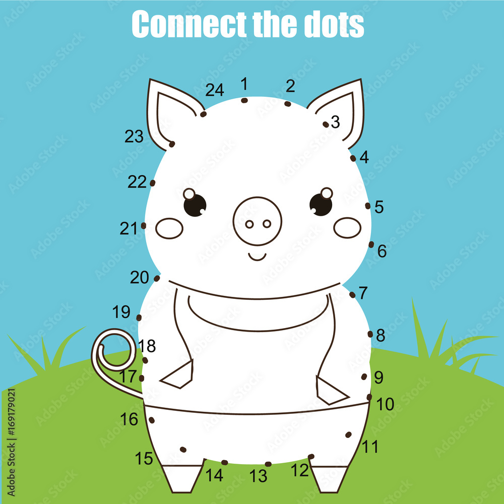 Connect the dots by numbers children educational game. Printable worksheet activity. Animals theme, pig Connect the dots by numbers children educational game. Printable worksheet activity. Animals theme, pig
