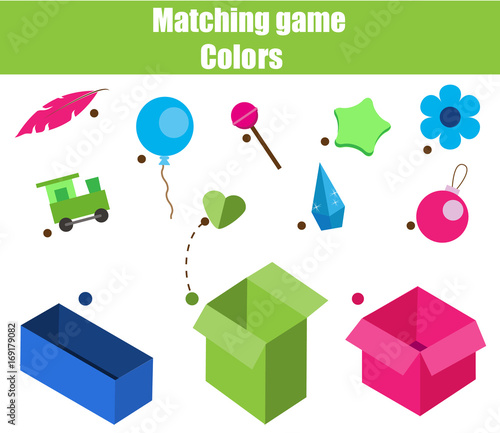 Educational children game. Matching game worksheet for kids. Match by color. Sorting objects for toddlers
