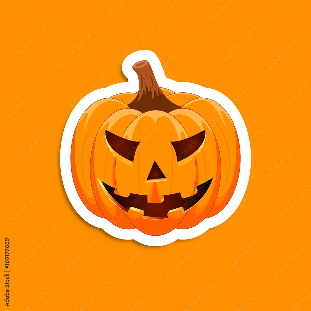 Pumpkin sticker on an orange background. The main symbol of the Happy Halloween holiday. Orange pumpkin with smile for your design for the holiday Halloween. Vector illustration. Pumpkin sticker on an orange background. The main symbol of the Happy Halloween holiday. Orange pumpkin with smile for your design for the holiday Halloween. Vector illustration.