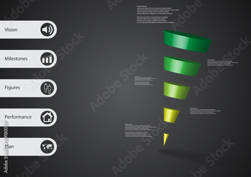 3D illustration infographic template with sloping triangle horizontally divided to five green slices