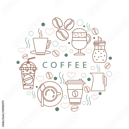 Circle of icons with "Coffee". Concept with different coffee elements. Illustration for t-shirts, banners, flyers and other types of business design.