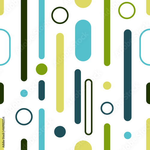 Modern multicolor seamless pattern design with composition of rounded, oval objects and dot lines. Vector illustration. © Viktoriia