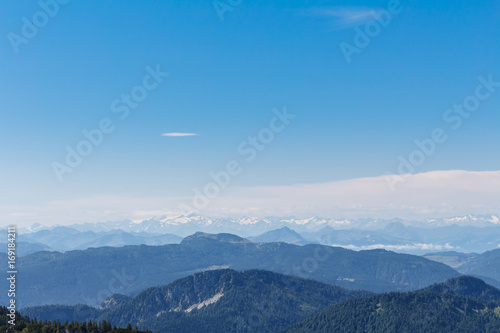 Snowy Mountain peaks,view from Mt. Hochfelln on a summer day