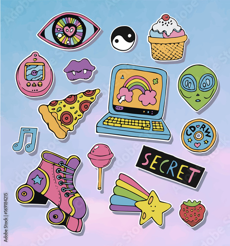 Cartoon stickers or patches set with 90s style design elements,