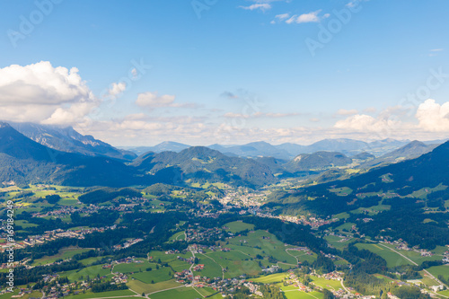 View from Mt. Gr  nstein down to Berchtesgaden on a sunny summer day