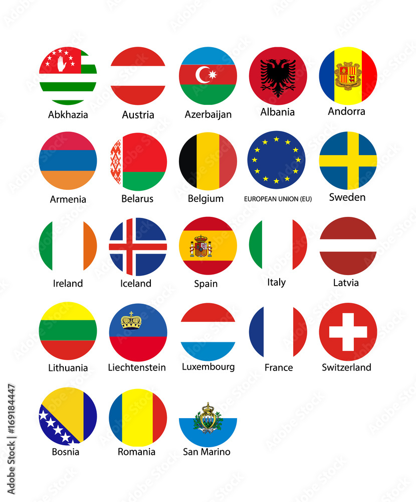 Vector illustration set of european union flags with names. Vector illustration set of european union flags with names.