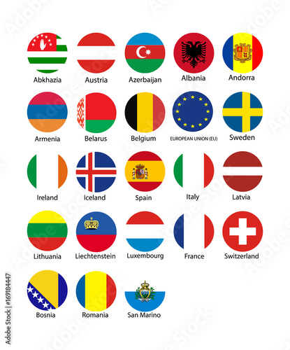 Vector illustration set of european union flags with names. © mlanaa