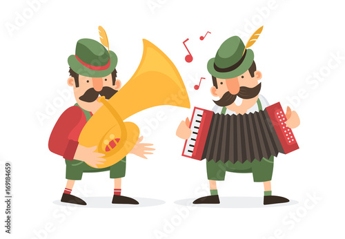 Two german cartoon musicians in bavarian costumes plays trumpets. Vector illustration.