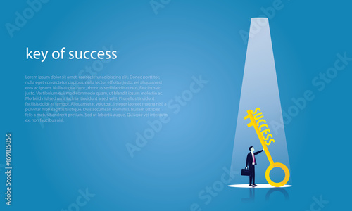 Vector illustration. Business success concept. Businessman holding key of success to open door of big opportunity winning glory in future