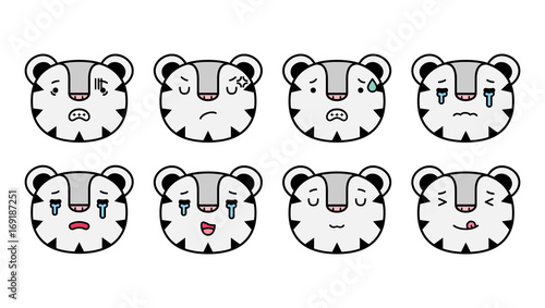 Set of emoticons, emoji isolated on transparent background, vector illustration, animation, websites, comics, apps. Cartoon white tiger stickers emoticons. Character design. Tiger face emotions