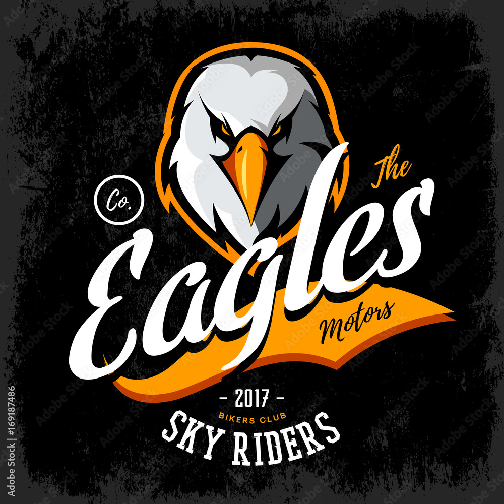 Obraz premium Vintage furious eagle bikers gang club vector logo concept isolated on black background. Street wear mascot badge design. Premium quality wild bird emblem t-shirt tee print illustration.