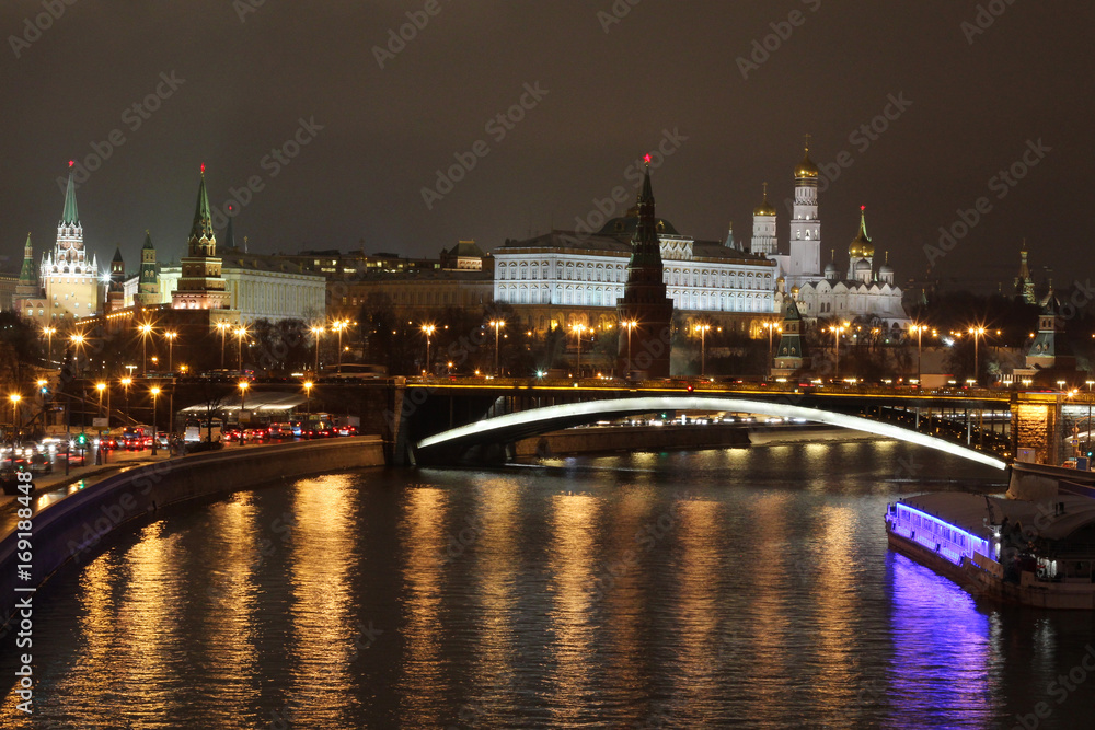 View to Moscow Kremlin at night from Patriarshy bridge, Russia 