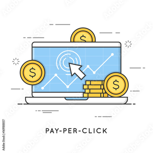 Pay per click, internet marketing. Flat line art style concept. Editable stroke.