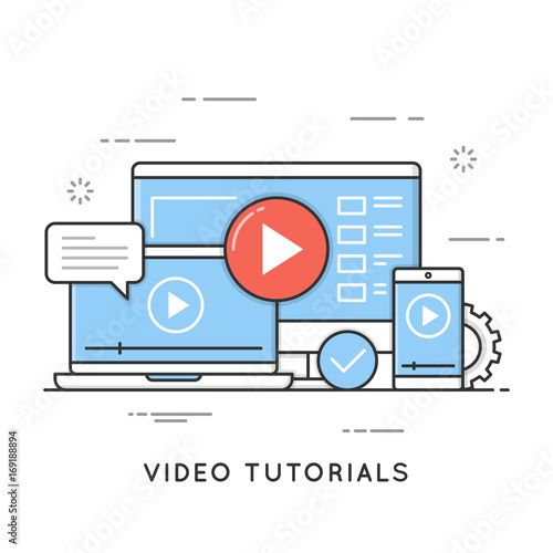 Video tutorials, online training and learning, webinar, distance education. Editable stroke.