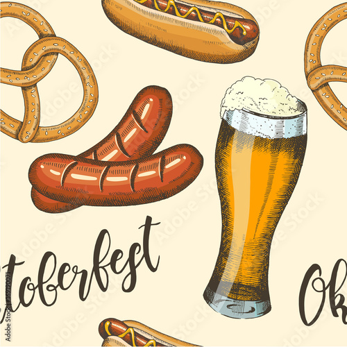 Oktoberfest celebration pattern with beer, pretzel, sausage and hod dog in sketch style. Seamless background for menu. Hand made lettering. Design for wallpaper, web page background, surface textures