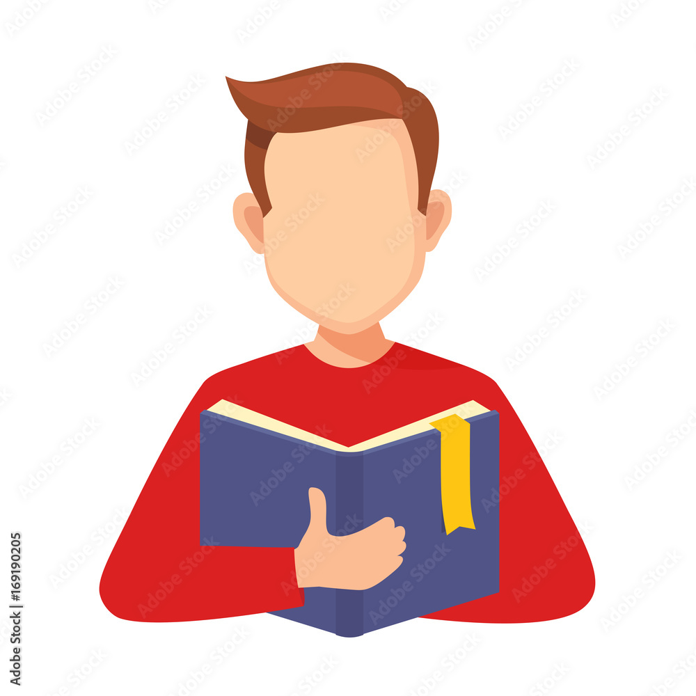 male character is holding the open book in his hands.vector illustration isolated from background