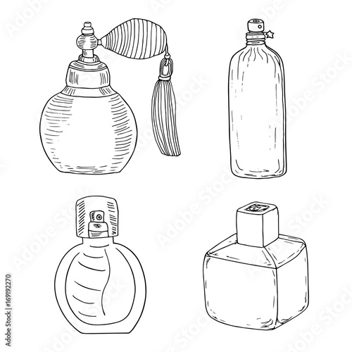 Perfume collection. 4 vintage perfume bottles. Perfume spray with tassel and futuristic fragrance can with a star. Hand drawn sketch.