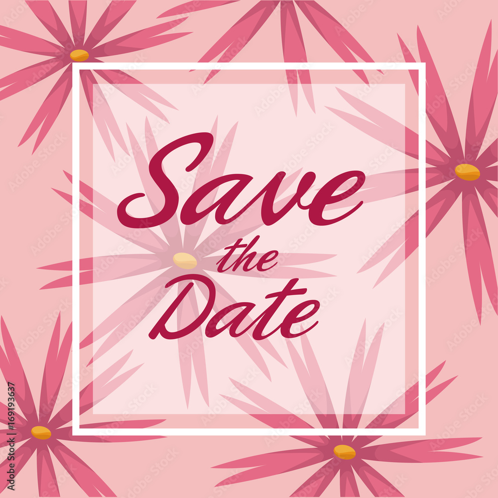 Obraz premium colorful card background with decorative pink blossom and square frame save the date text vector illustration
