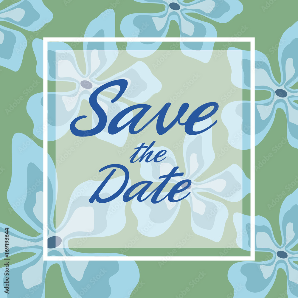 colorful card background with decorative blue blossom and square frame save the date text vector illustration