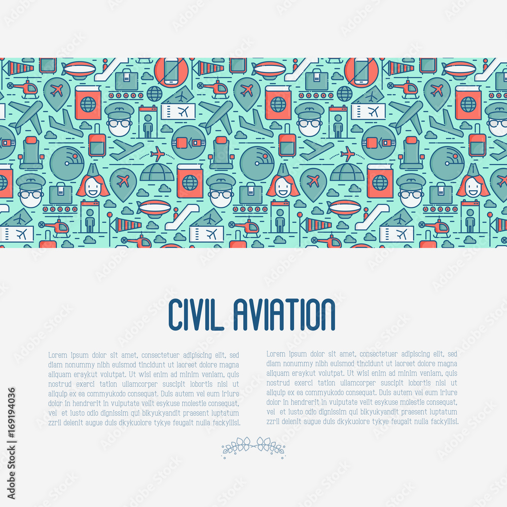 Civil aviation concept contains thin line icons related to airport and tourism. Vector illustration for banner, web page, print media.