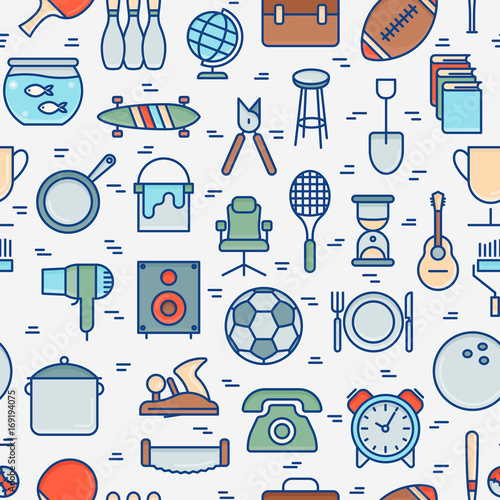 Garage sale or flea market seamless pattern for background. Thin line vector illustration for banner, web page, print media.
