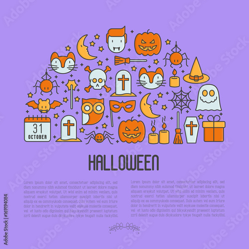 Cartoon Halloween concept in half circle with thin line icons: vampire, bat, pumpkin. Vector illustration for invitation card, party announcement.