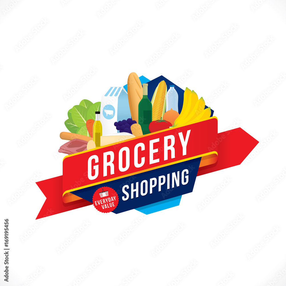 Vector illustration of grocery shopping banner with various goods ...