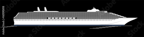 A large and modern cruise ship. A huge liner goes through the Ocyan. Side view, silhouette.