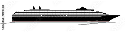 A large and modern cruise ship. A huge liner goes through the Ocyan. Side view, silhouette.