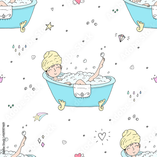 Cute seamless pattern with young beautiful woman taking bath