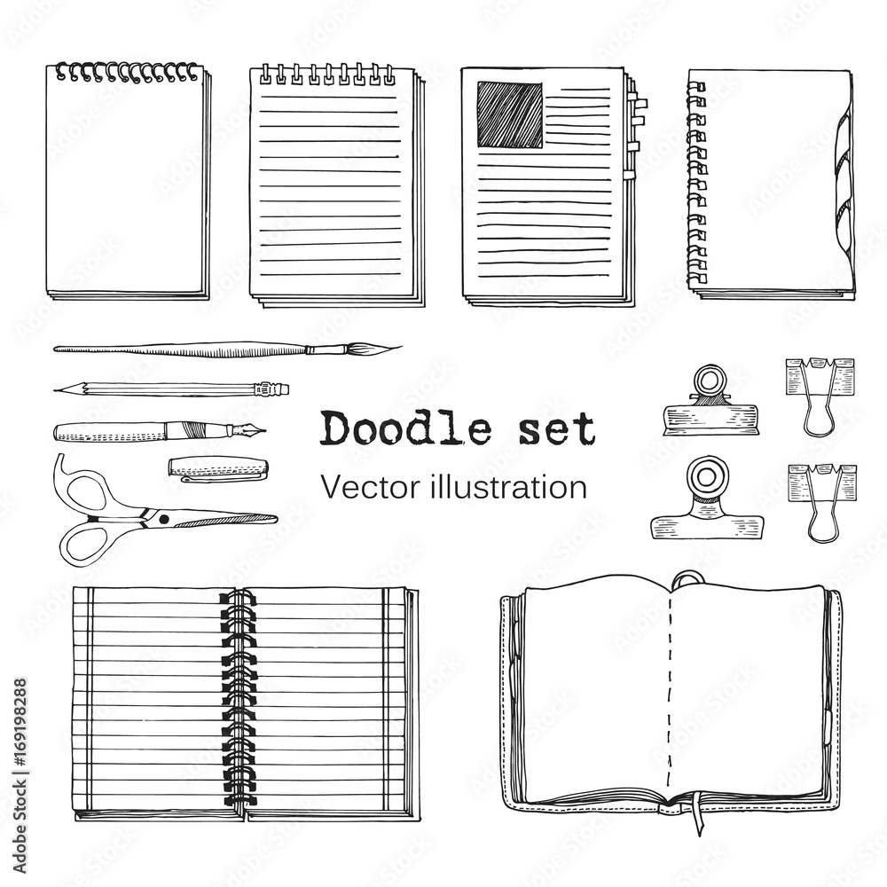 Vector Set of Sketch Notebooks, Notepads and Diaries. Office stuff set. Hand drawing sketch vector illustration. Cool design elements for infographic, web design, background. School - obrazy, fototapety, plakaty 