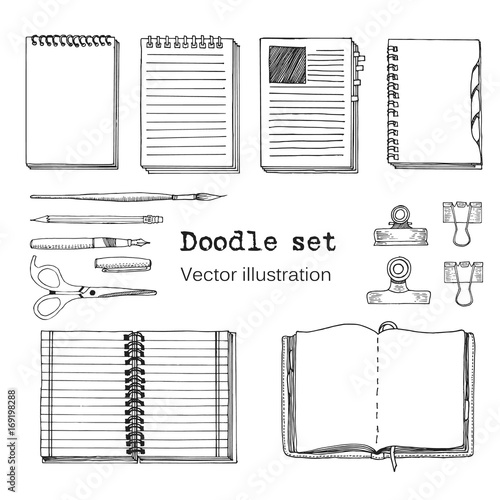 Vector Set of Sketch Notebooks, Notepads and Diaries. Office stuff set. Hand drawing sketch vector illustration. Cool design elements for infographic, web design, background. School photo