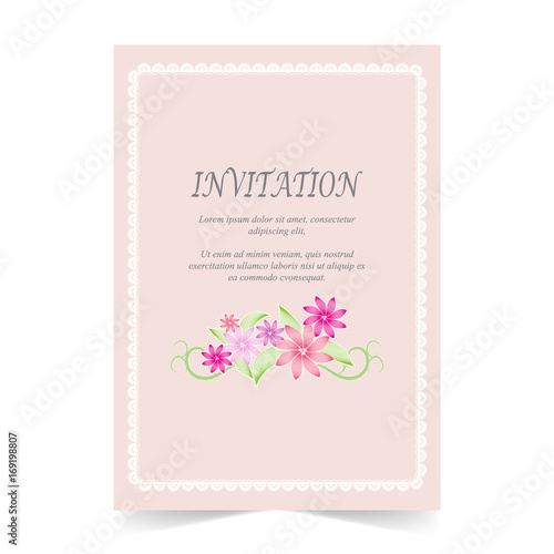 Invitation card, Wedding card with flower  and lace frame on pink background © kheat