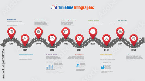 Road map business timeline infographic with 10 step pins designed for abstract background elements diagram planning process web pages digital technology data presentation chart. Vector illustration
